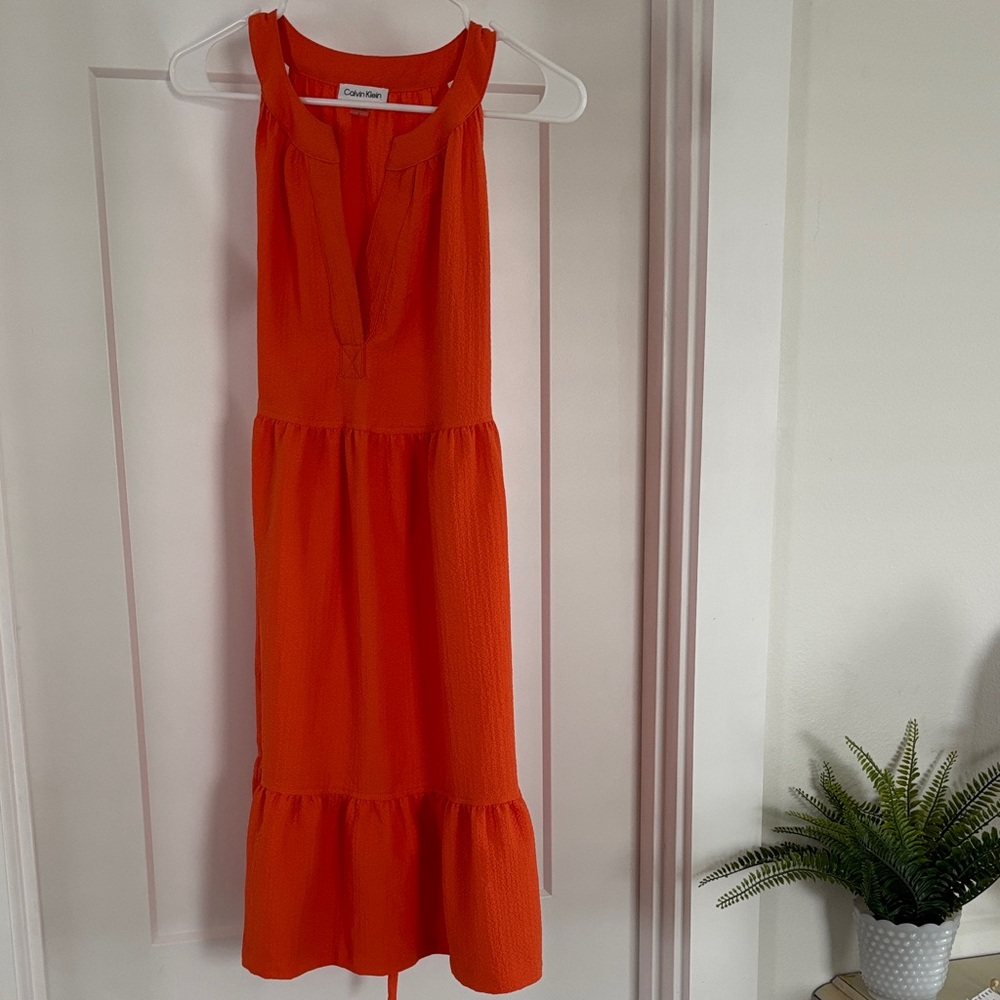 Calvin Klein Bold Orange Sleeveless Tiered Midi Dress
